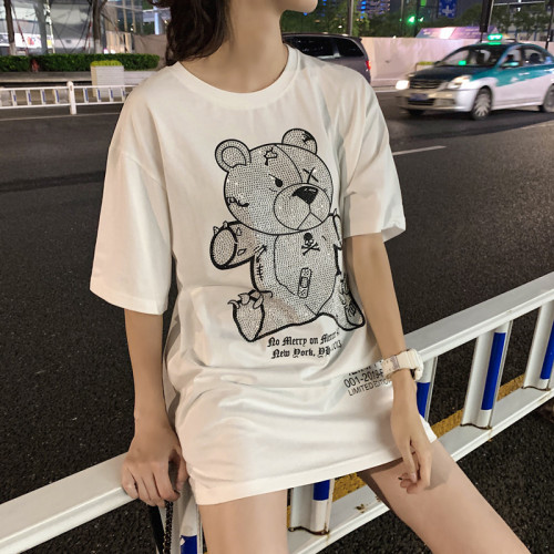 Real photo of new pure cotton net red heavy industry hot stamping bear loose European medium long half sleeve short sleeve T-shirt for women