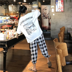 Printed short sleeve T-shirt women's summer new Korean loose large Plaid casual pants fashion two piece suit women