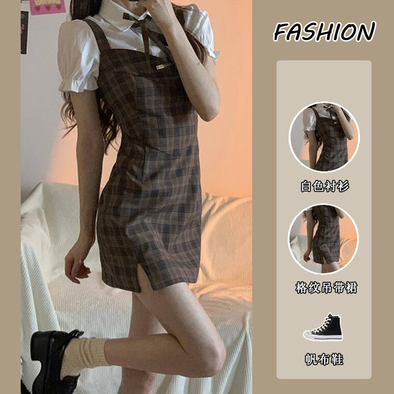 2023 Summer Puff Sleeve Fake Two-piece Polo Collar Plaid Dress Female Korean College Style Student Waist Short Skirt