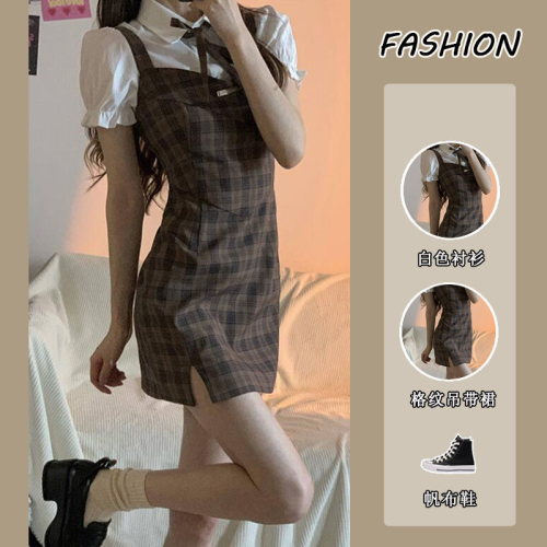  Summer Puff Sleeve Fake Two-piece Polo Collar Plaid Dress Female Korean College Style Student Waist Short Skirt