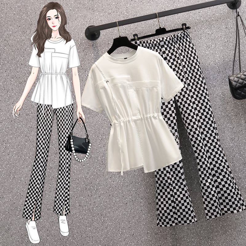 Real shot 2022 summer new slightly fat sister fashion casual suit design sense belly cover slim shirt wide leg pants