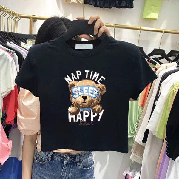 2022 summer new Korean ins bear letter print hot girl belly exposed loose and versatile bag collar short T-shirt women
