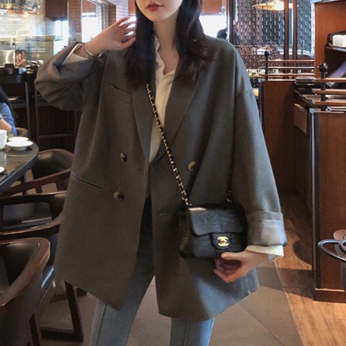 Small suit coat women's autumn Korean loose casual hanging feeling thin medium and long double breasted suit top