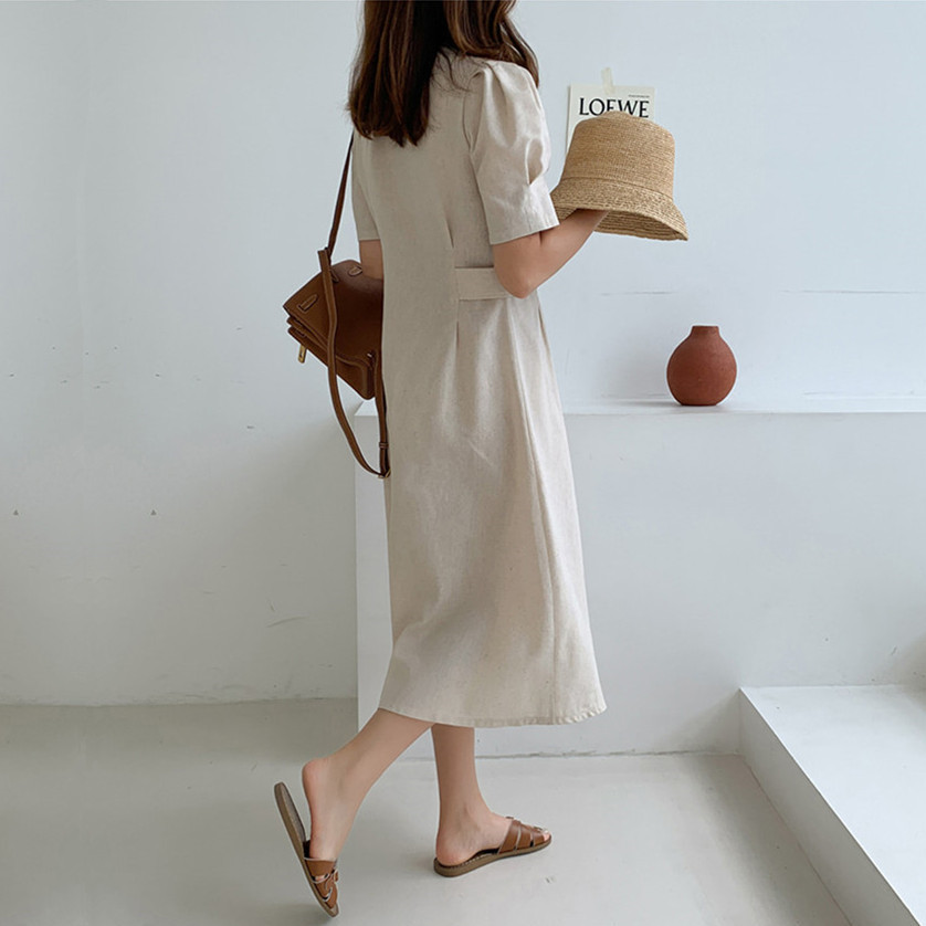 Deep neck single breasted slim waist cotton linen dress bubble short sleeve solid color casual cotton linen large skirt