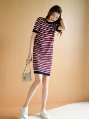 Small design ~ comfortable age reducing color stripe straight tube knitting Tencel dress women's medium long casual T-shirt skirt
