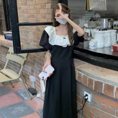 French dress bubble sleeve Pearl Square Neck Dress