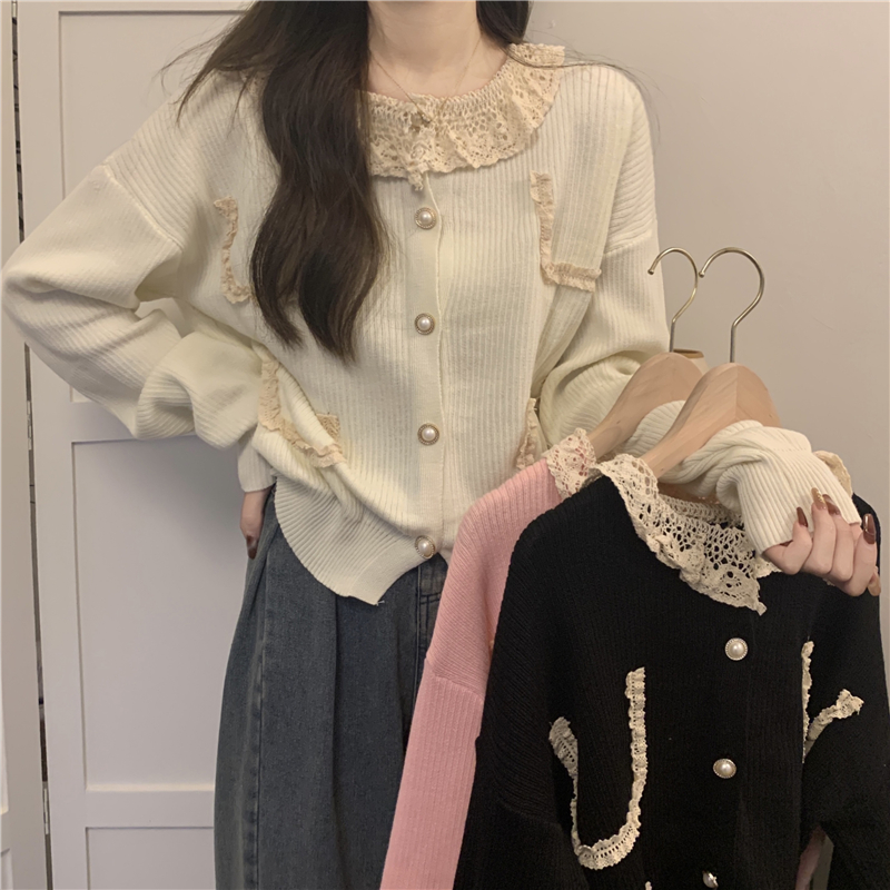 Net price real shot Xiaoxiangfeng lace stitching knitted sweater cardigan women's autumn and winter short sweater jacket top