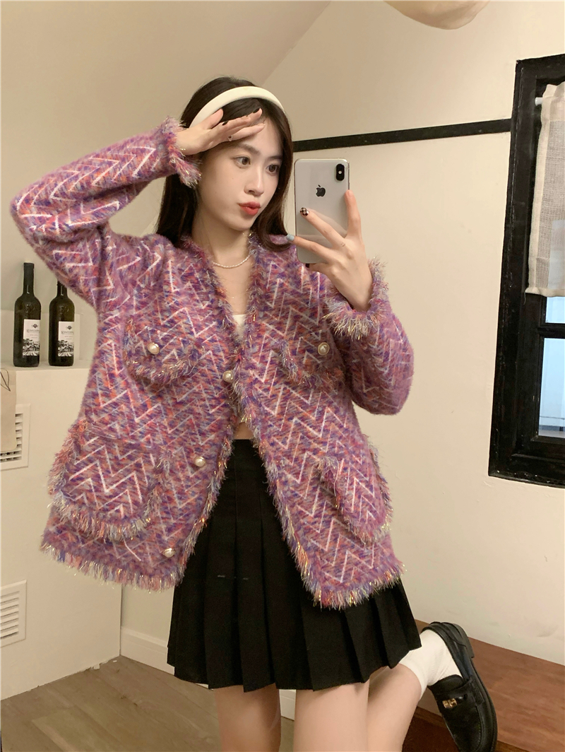 Real price real shot imitation mink velvet V-neck small fragrance coat women's autumn tassel high-quality long-sleeved cardigan top