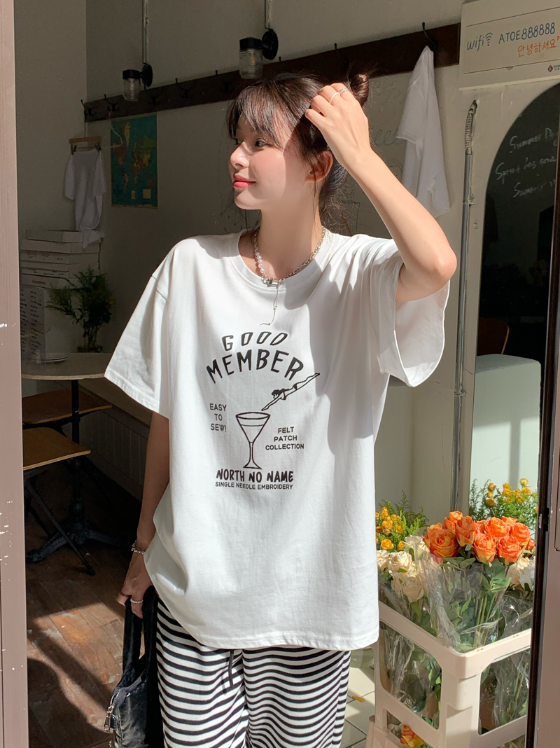 Real price ~ Korean loose slim casual versatile round neck Pullover printed new T-shirt