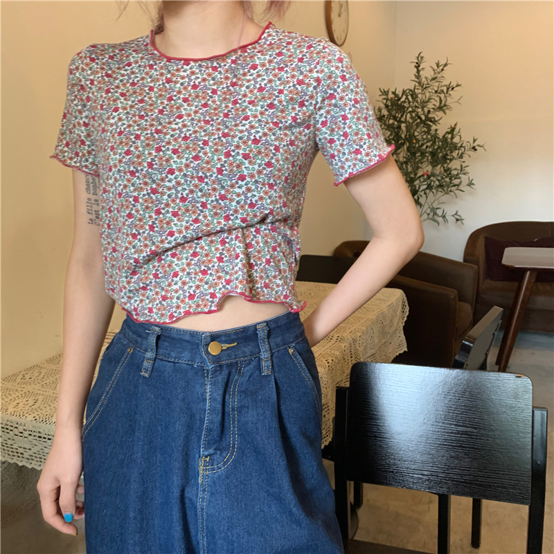 Real photo, real price, all kinds of short ear edge floral short sleeve T-shirt for women
