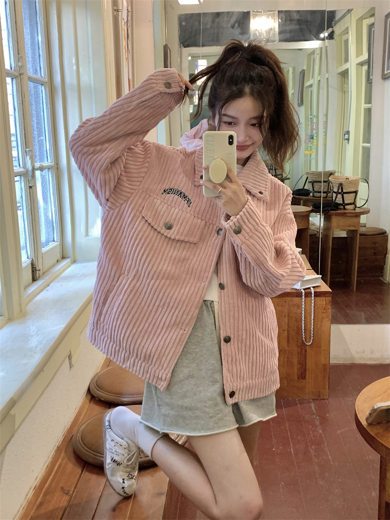 Real shot 2022 autumn and winter new pink couple college style oversize retro baseball uniform top coat women