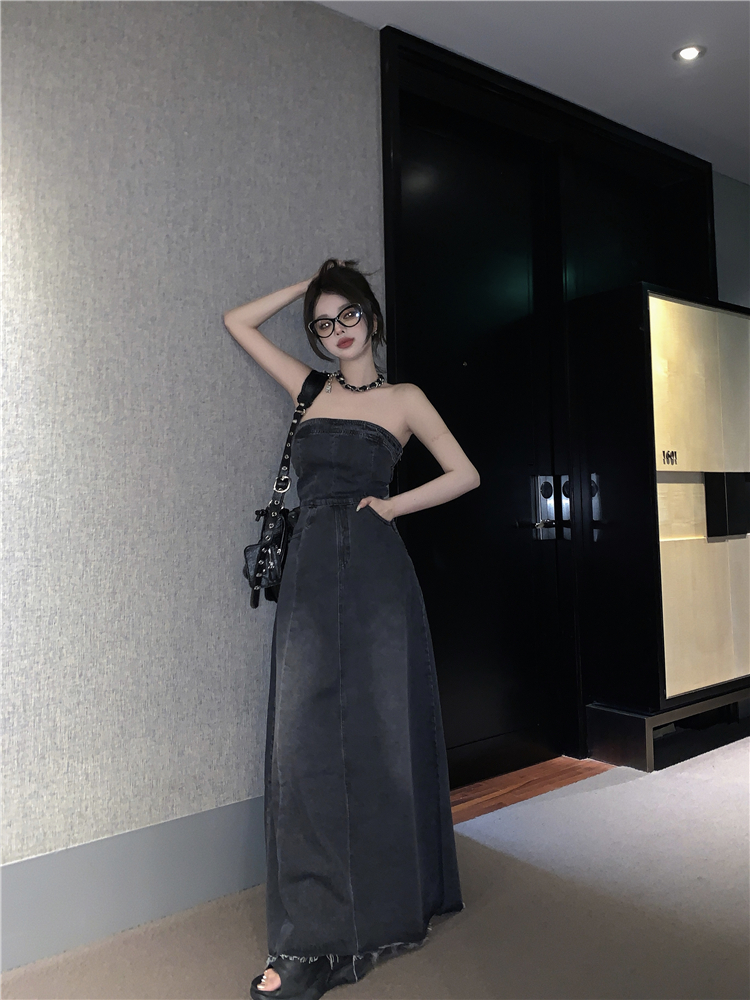 Real price real price summer tube top with waist pocket and straps to look thin and hot girl style denim tube top skirt