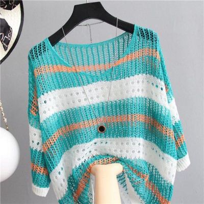 Small fresh and versatile hollow contrast stripe ice silk knitting 5-sleeve top women's fashion