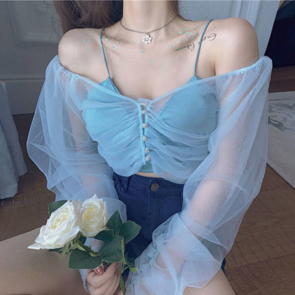 2023 new mesh sunscreen shirt women's spring and summer long-sleeved short suit one-shoulder sexy thin two-piece suit