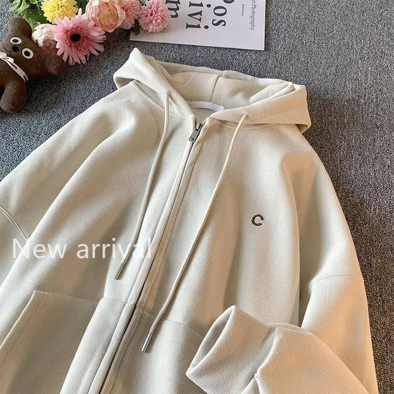 Plush lazy style hooded cardigan sweater women 2022 spring and autumn new ins simple casual loose all-match top