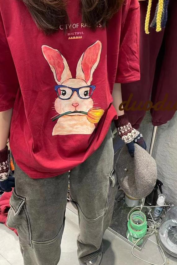 Cover collar cotton round neck letter cartoon pattern loose short-sleeved T-shirt all-match bottoming shirt