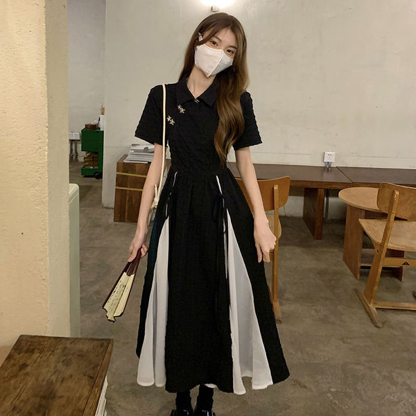 Cheongsam style dress women's spring and summer 2022 new design sense medium long high sense close waist thin short sleeve skirt