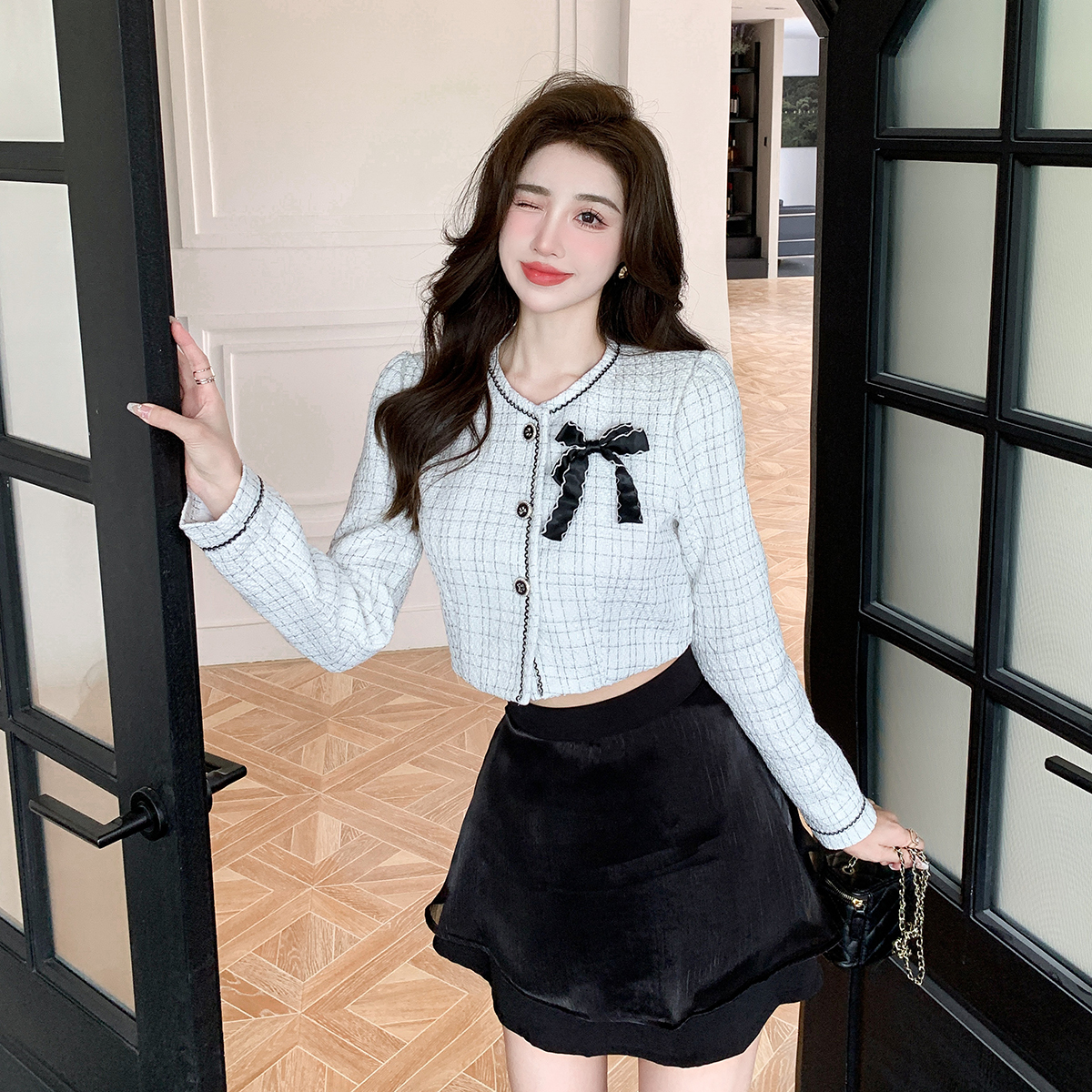 實拍蝴蝶結小香風氣名媛小個子外套蓬蓬裙套裝裙女