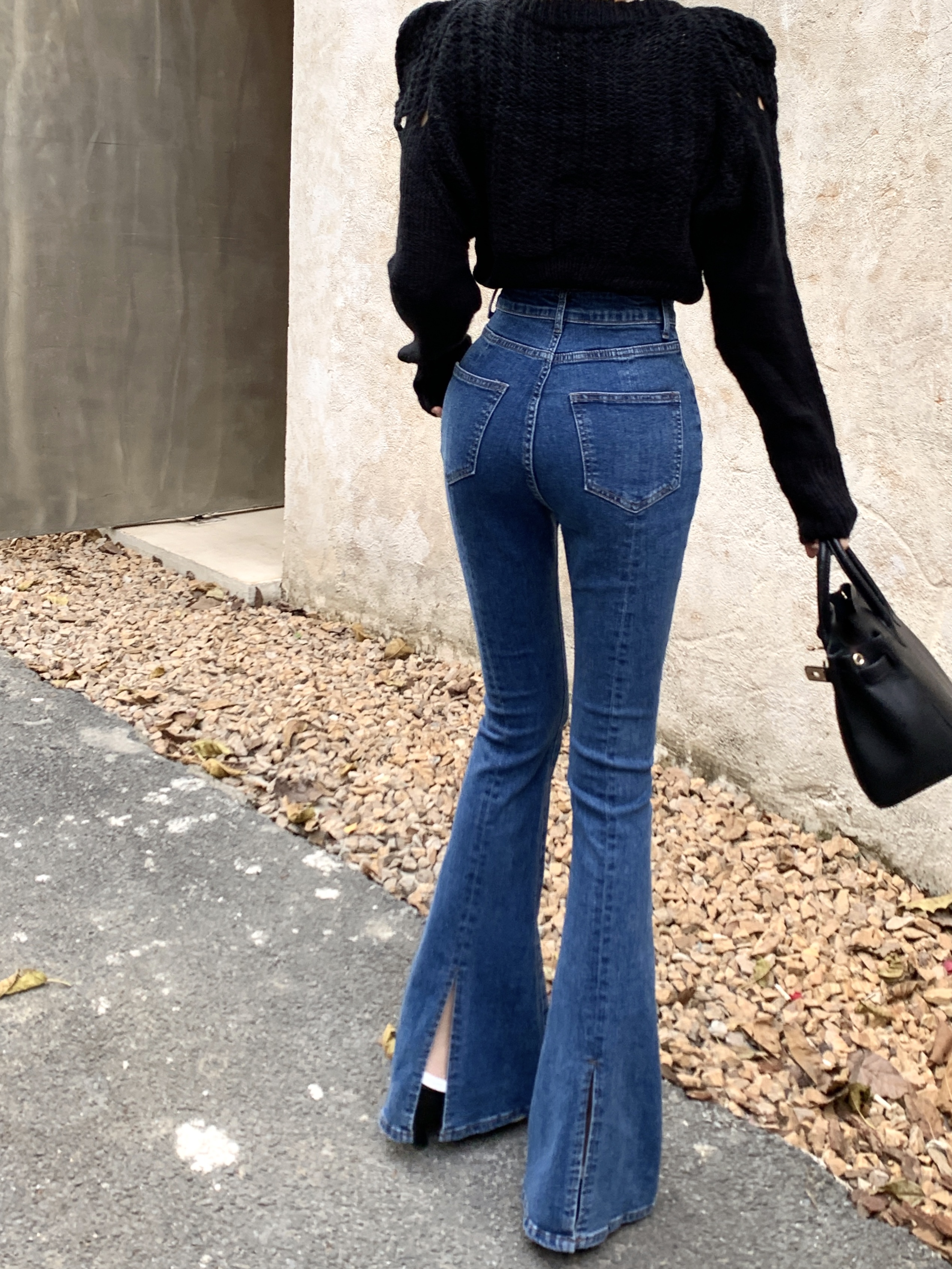 Real shot real price fashion retro slit slightly bootcut trousers slim high waist elastic jeans women's tide
