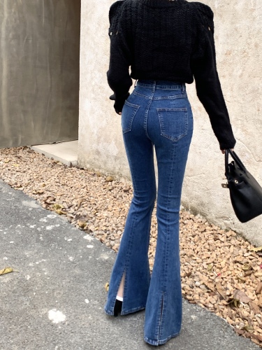 Real shot real price fashion retro slit slightly bootcut trousers slim high waist elastic jeans women's tide
