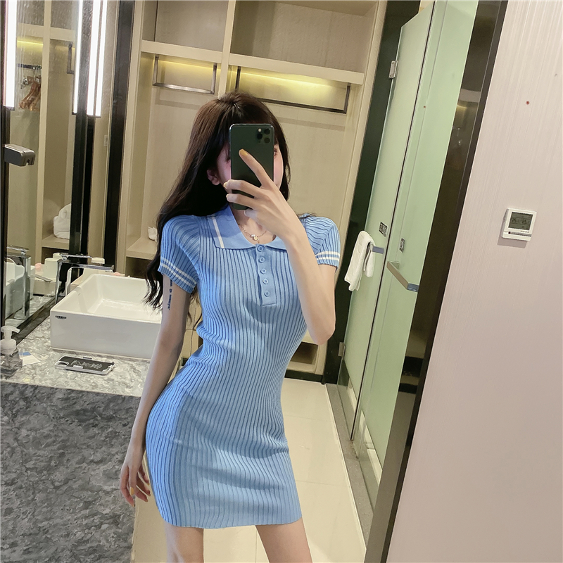Summer new solid color lapel POLO button-down self-cultivation bag hip slim student knitted short-sleeved dress female
