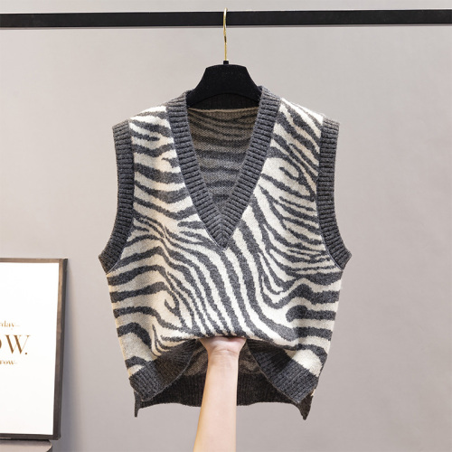 Vest, vest, coat, spring and autumn, new knitted women's sweater, trendy Korean V-neck, loose zebra outside