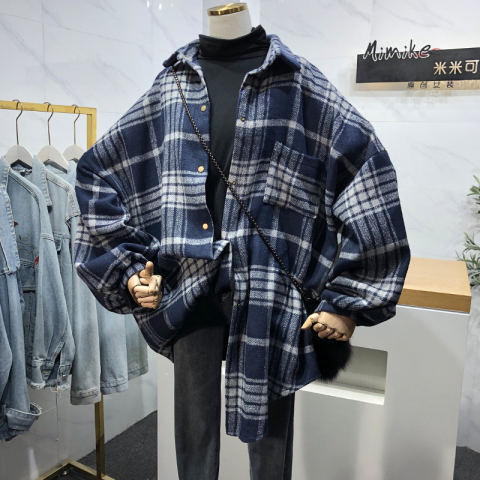 Spring, Autumn and Winter New Loose Shirt Brushed Plaid Shirt Thick Coat Shirt