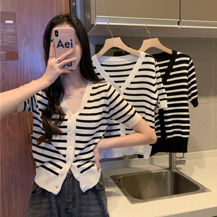 Striped V-neck short-sleeved knitted sweater for women