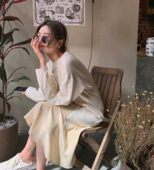 Real photo of 2021 spring dress new French gentleness medium length dress women's knee length long sleeve slim skirt