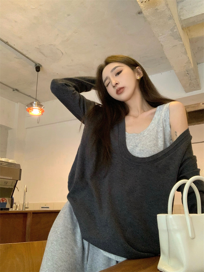 Real shooting real price Korean version of Hong Kong style lazy three-piece knitted vest knitted top high waist wide leg trousers