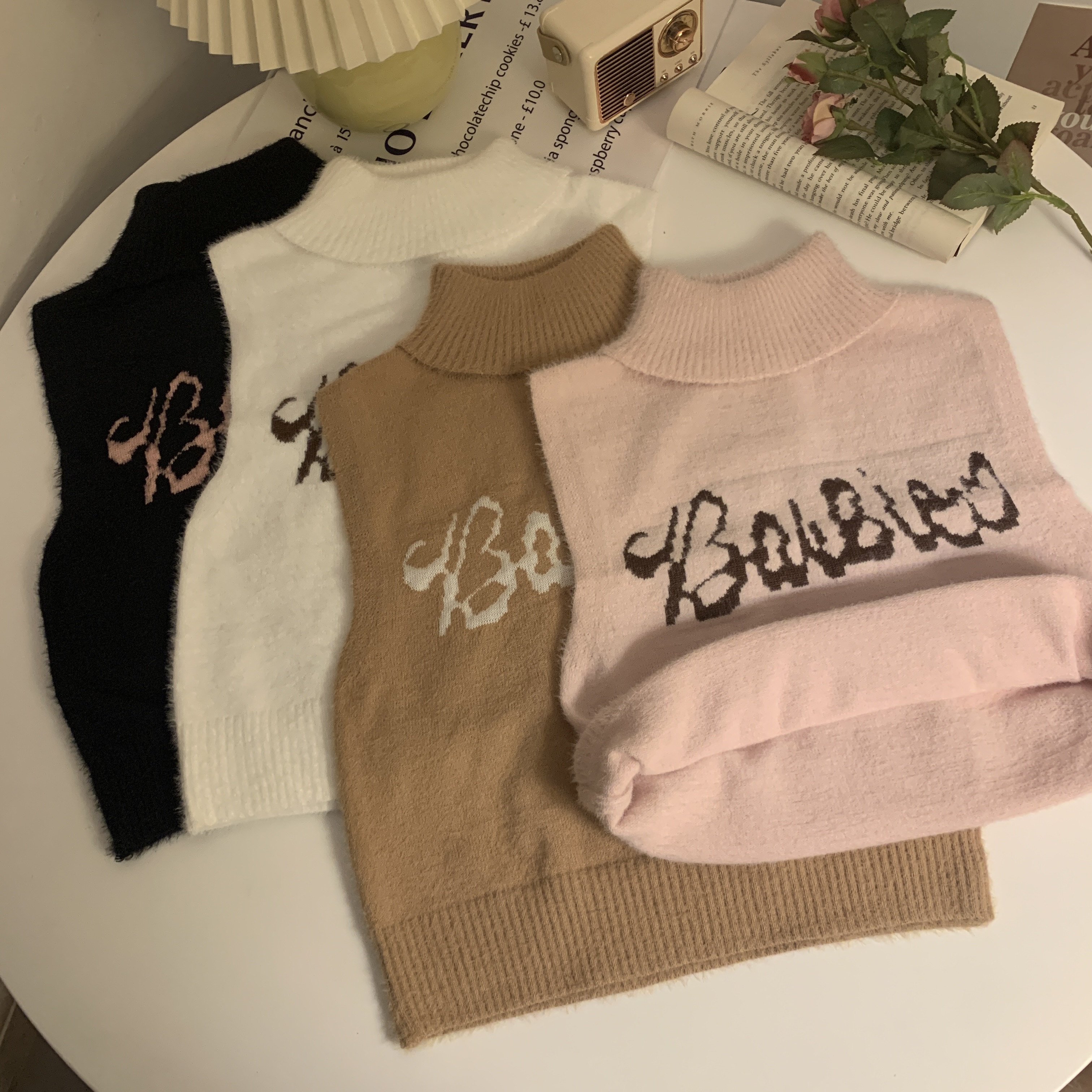 Real price real price new plush velvet turtleneck sleeveless knitted vest autumn and winter hot girl short turtleneck sweater