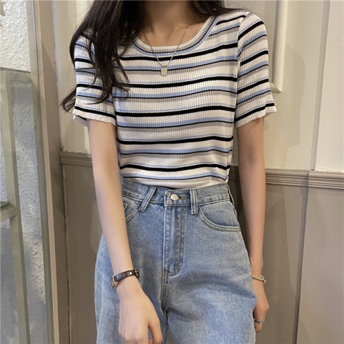 Real price new versatile elastic slim Rainbow Stripe pit strip short sleeve top with bottom coat