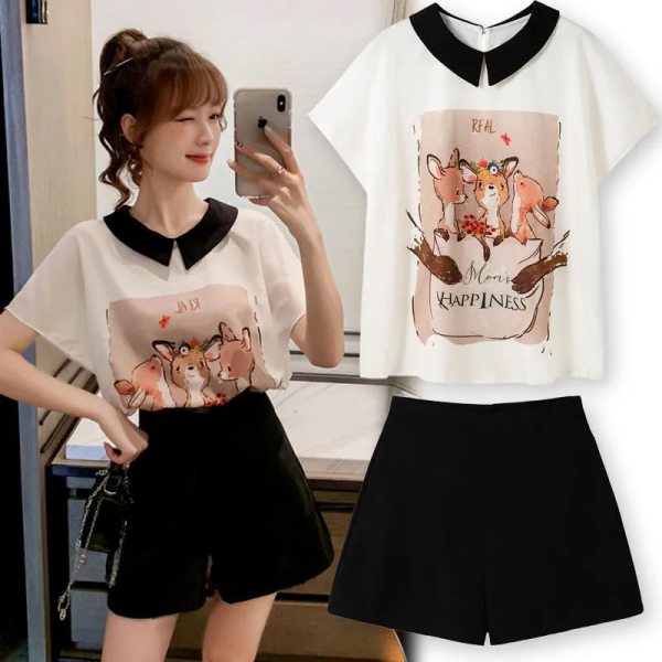 Spring and summer Korean style loose and versatile Bat Sleeve Chiffon Shirt Shorts Set women's summer two piece set