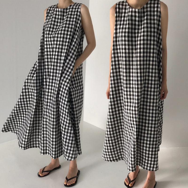 Original Korean chic black and white check tank top loose sleeveless knee length tank top skirt women
