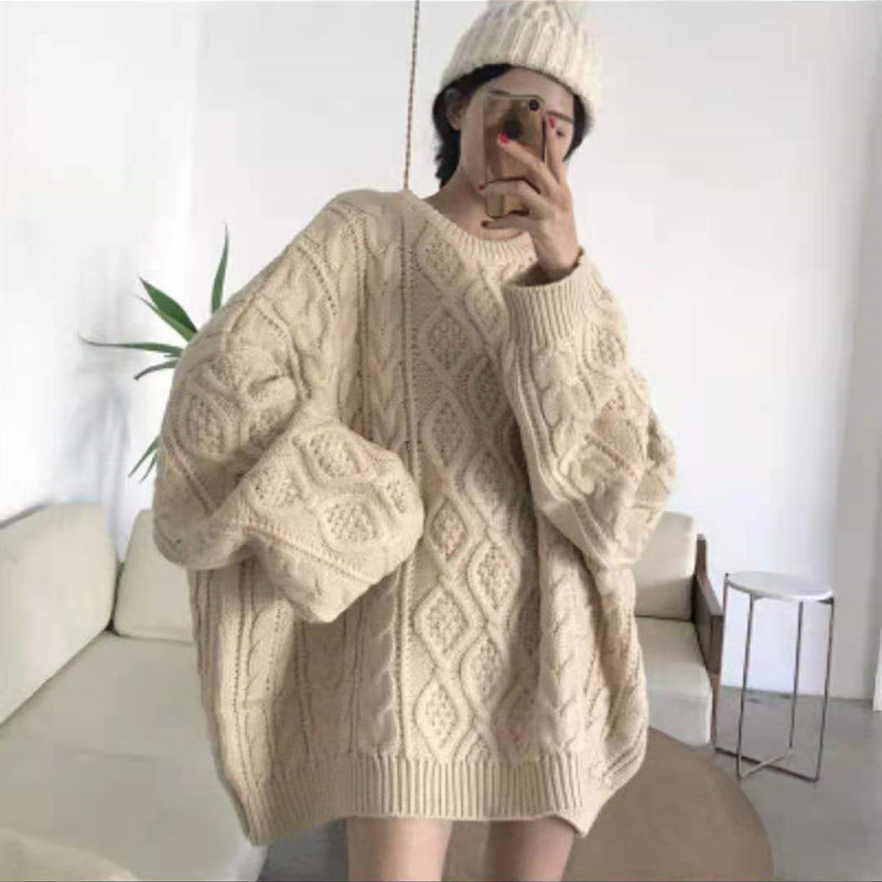 Korean chic 2021 New Retro lazy style loose and thickened outer wearing twist rhombic medium and long women's sweater