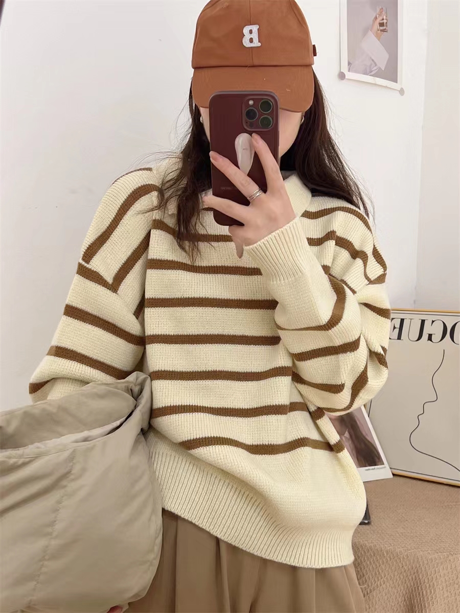 2022 autumn and winter striped long-sleeved sweater women's POLO shirt loose lazy wind pullover simple student age-reducing trend