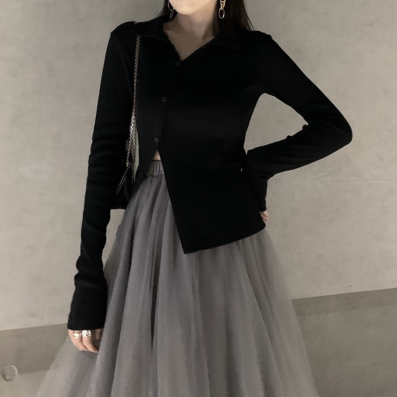 Rib long sleeved t-shirt female spring and autumn side split polo collar spice girl pure desire to wear top and bottom shirt