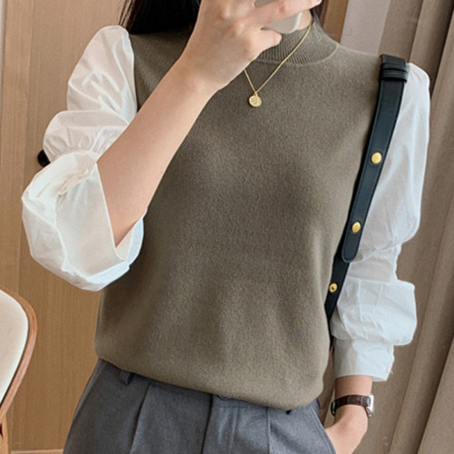 Foreign style layering autumn new style antique fake two piece Lantern Sleeve soft T-shirt sweater splicing Long Sleeve Shirt