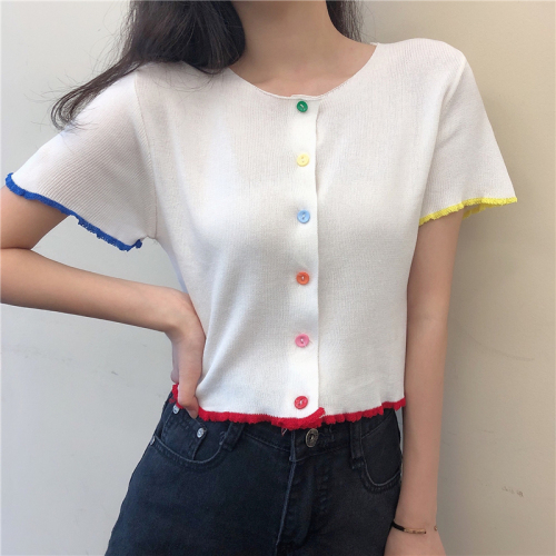 Real photo real price new Korean style elegant color button knitted cardigan short sleeve top for women in summer