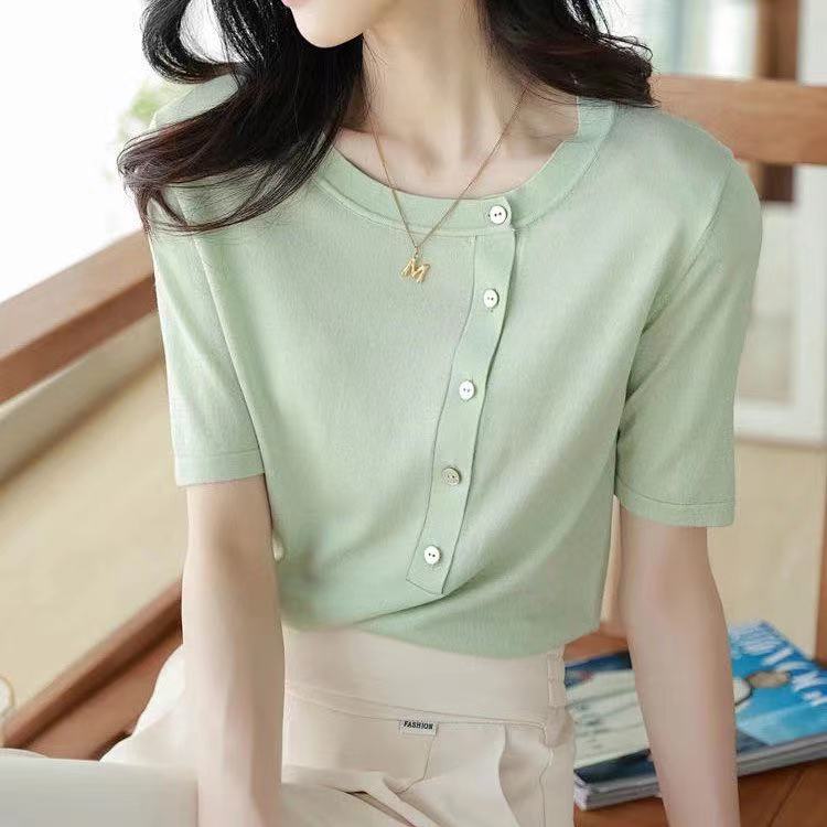 Short sleeve ice silk knitwear crew neck thin cardigan T-shirt women's summer short jacket design feeling small half sleeve shirt
