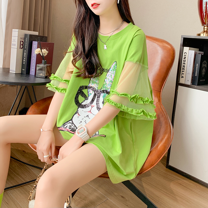 Real shooting street trend Korean version of cotton 2023 new mesh stitching sequins short-sleeved t-shirt women's large size women's clothing