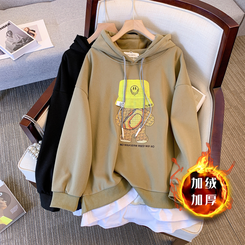 Real shot 2022 autumn and winter new fat sister hooded sweater loose and thin plus velvet thick fake two sweaters trend