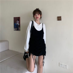 Fake two piece suspender splicing dress for women's autumn harvest waist showing thin and loose Korean version contrast drawstring pleated short skirt
