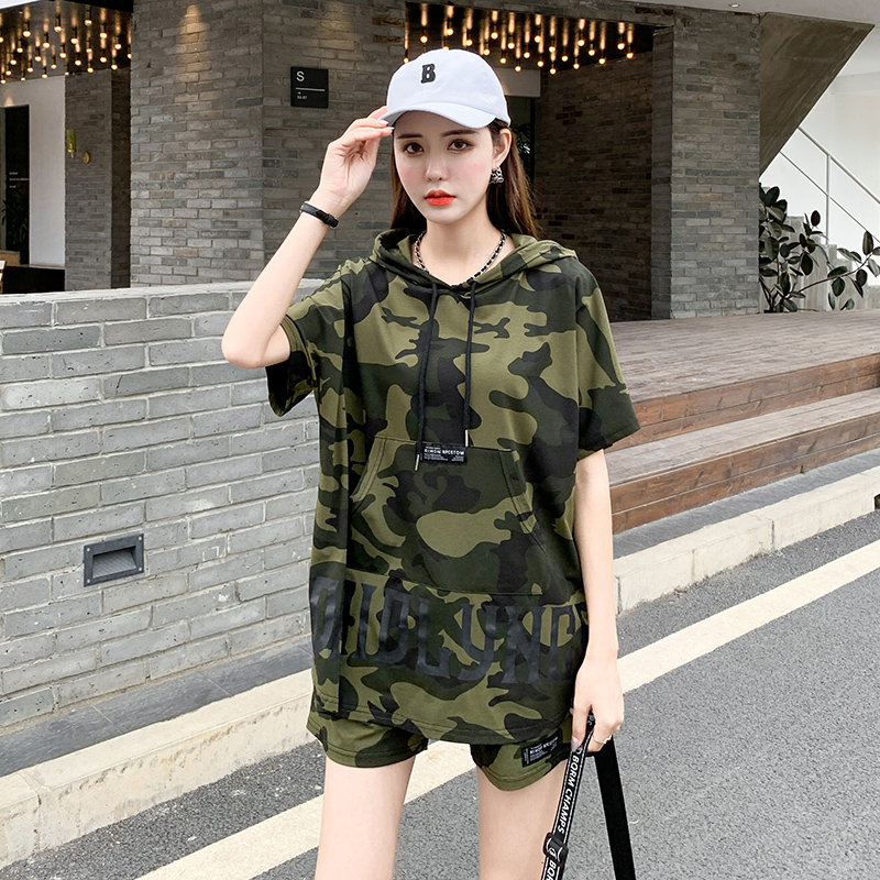 Women's new summer 2021 camouflage loose thin suit two piece short sleeve T-shirt shorts