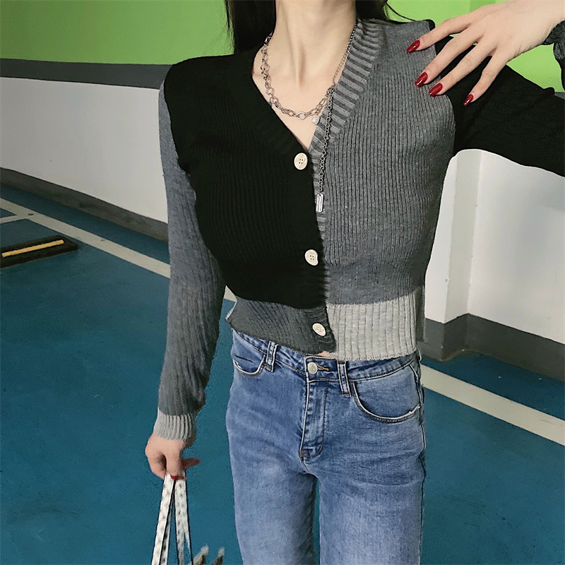 Real shooting and real price autumn style personalized splicing with sweater cardigan contrast color coat women's slim blouse