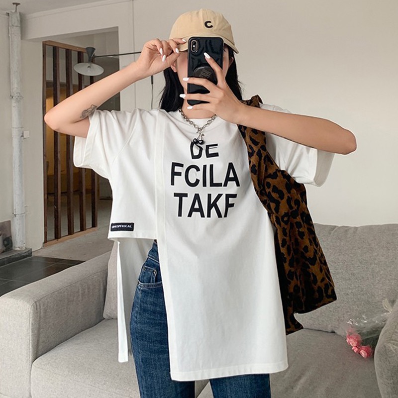 Real price T-shirt women's short sleeve split irregular design feeling small group chic jacket