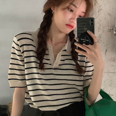 Lazy wind stripe short sleeve women's summer new Korean loose and versatile collar half sleeve top fashion