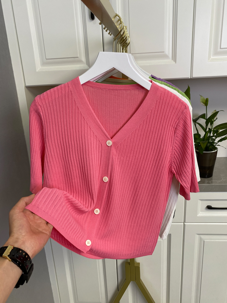 Candy color ice silk short sleeve thin T-shirt women's summer 2021 new breathable short V-neck cardigan top