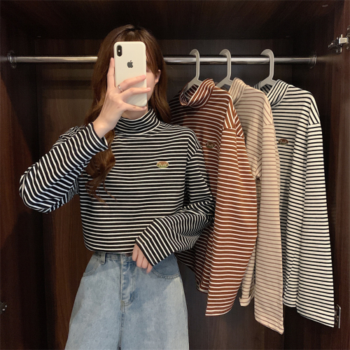 Long-sleeved high-necked striped T-shirt loose and versatile student bottoming shirt