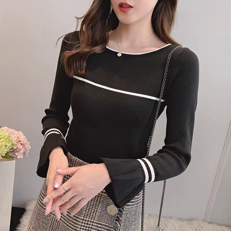 Autumn 2021 new Korean long sleeve color contrast stripe design sense Knitted Top with bottomed shirt trend